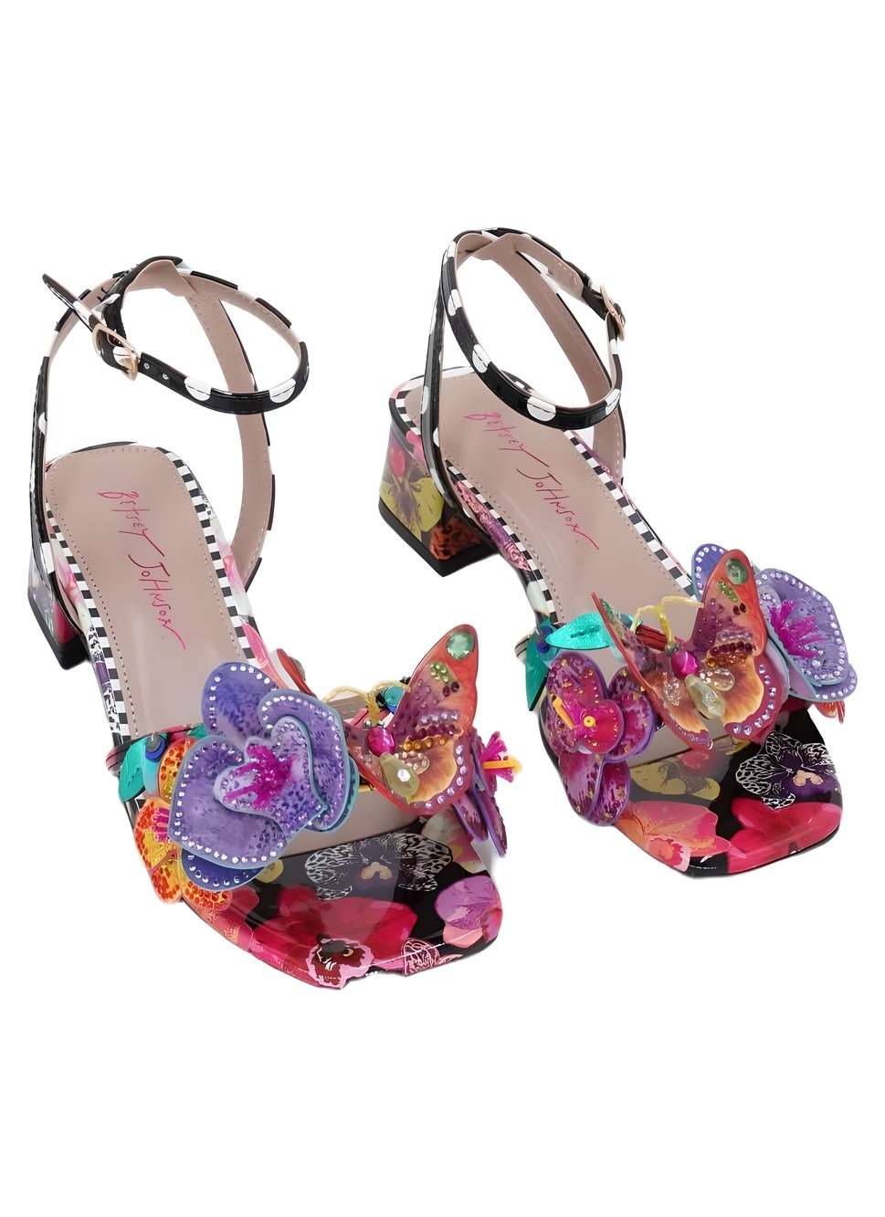 Betsey Johnson Maranda Black Multi Floral Butterfly Applique Sandals Size 6M
